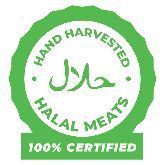 Halal certification badge indicating 100% certified hand-harvested halal meats, used to verify compliance with Islamic dietary standards Halal certification badge indicating 100% certified hand-harvested halal meats, used to verify compliance with Islamic dietary standards